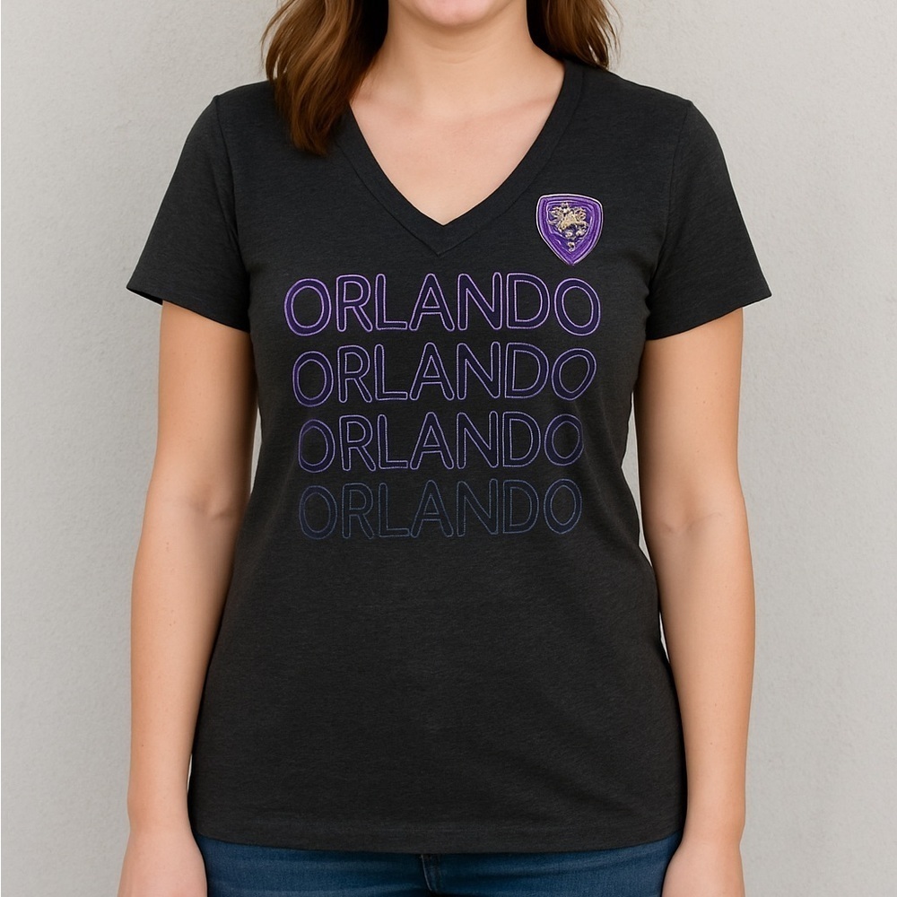 Orlando City SC MLS V Neck Graphic Tee Gray Purple Women’s Large Soccer Shirt